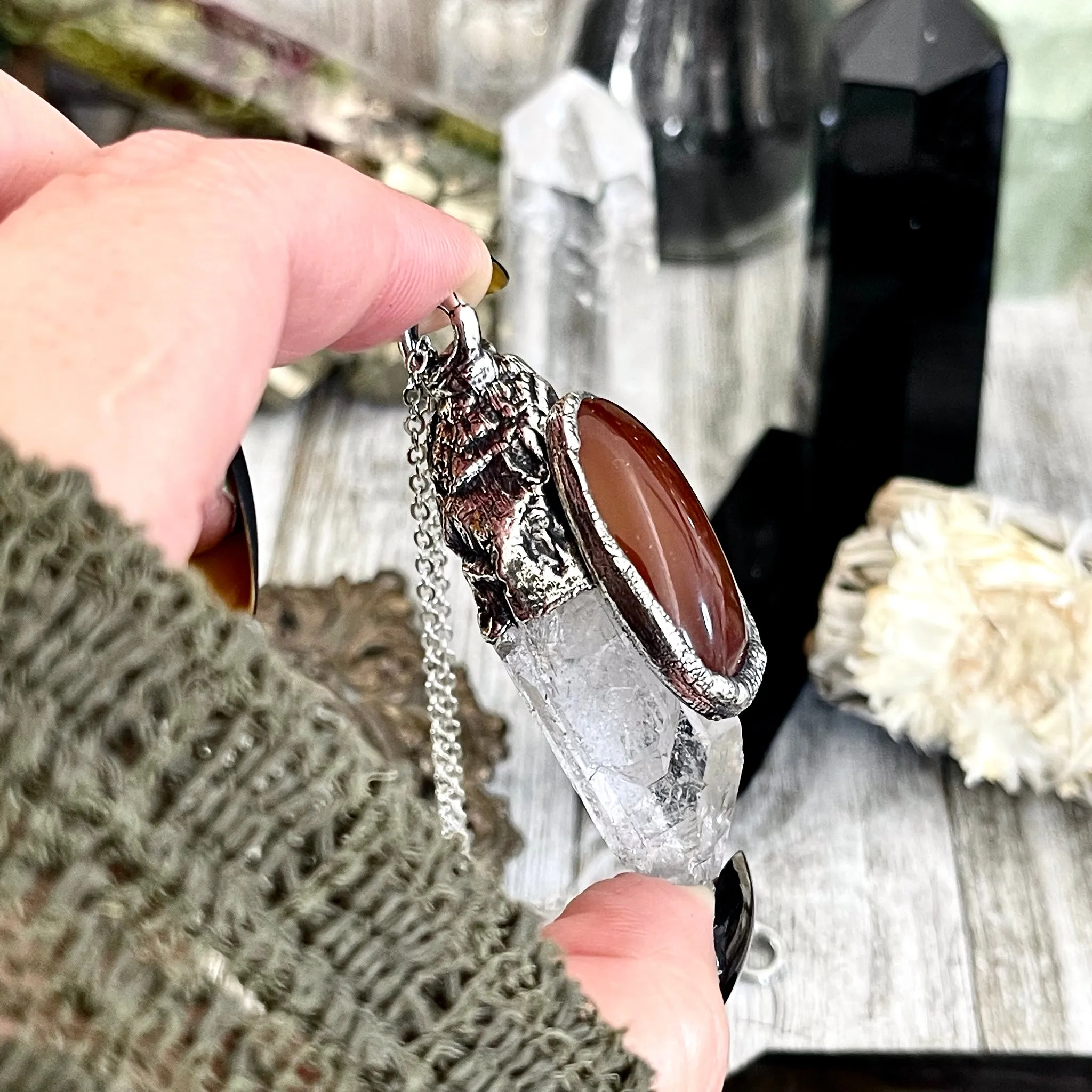 Large Raw Clear Quartz & Carnelian Crystal Statement Necklace in Fine Silver / Foxlark Collection - One of a Kind