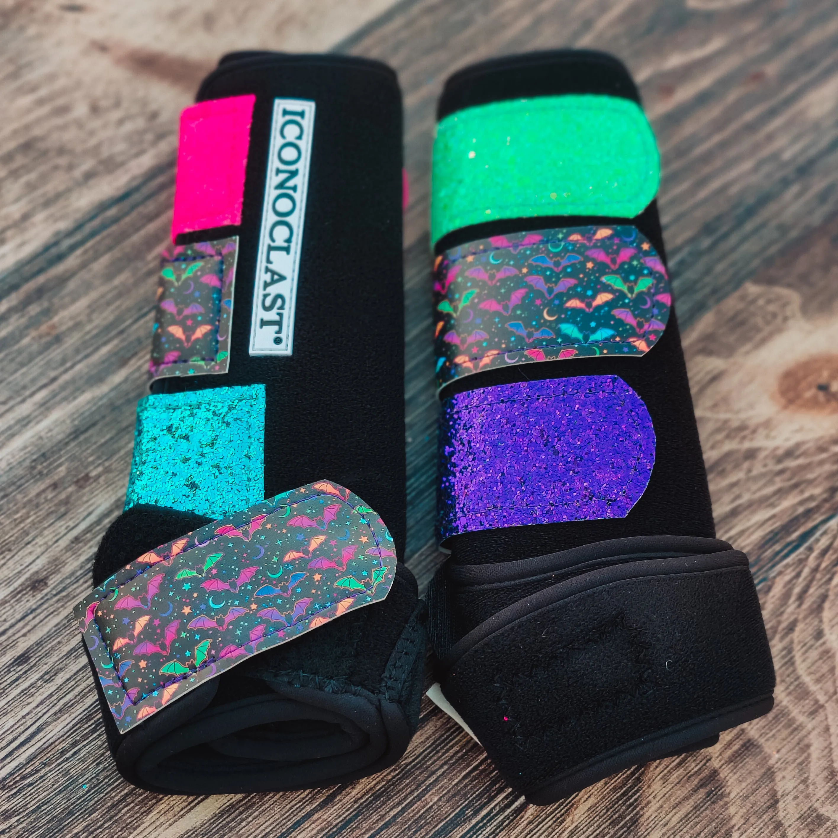 Medium Black Iconoclast Fronts w/ Bats and and Multi-color Glitter Straps