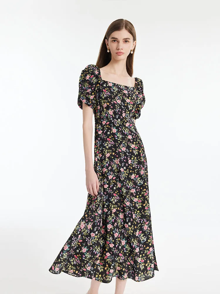 Mulberry Silk Rose Printed Women Maxi Dress