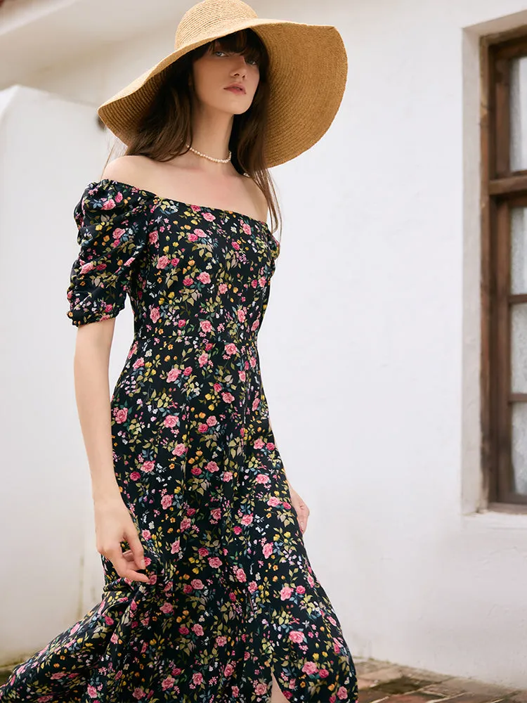 Mulberry Silk Rose Printed Women Maxi Dress