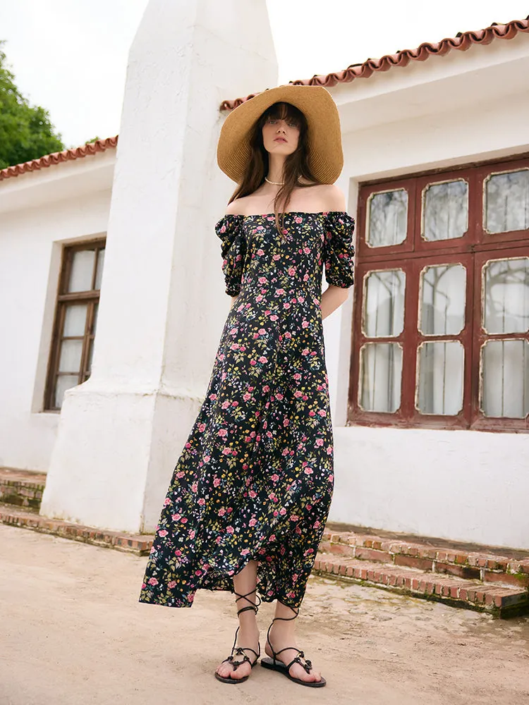 Mulberry Silk Rose Printed Women Maxi Dress