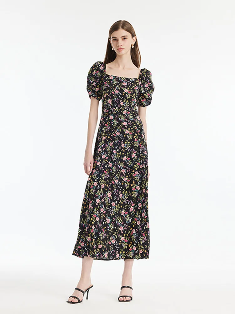 Mulberry Silk Rose Printed Women Maxi Dress