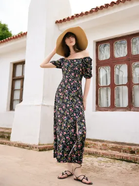 Mulberry Silk Rose Printed Women Maxi Dress