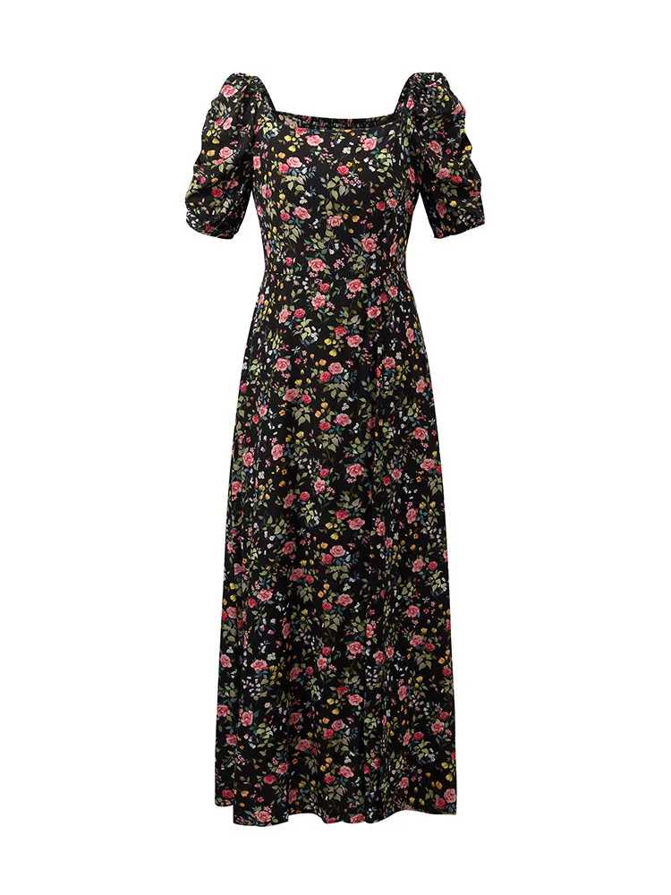 Mulberry Silk Rose Printed Women Maxi Dress