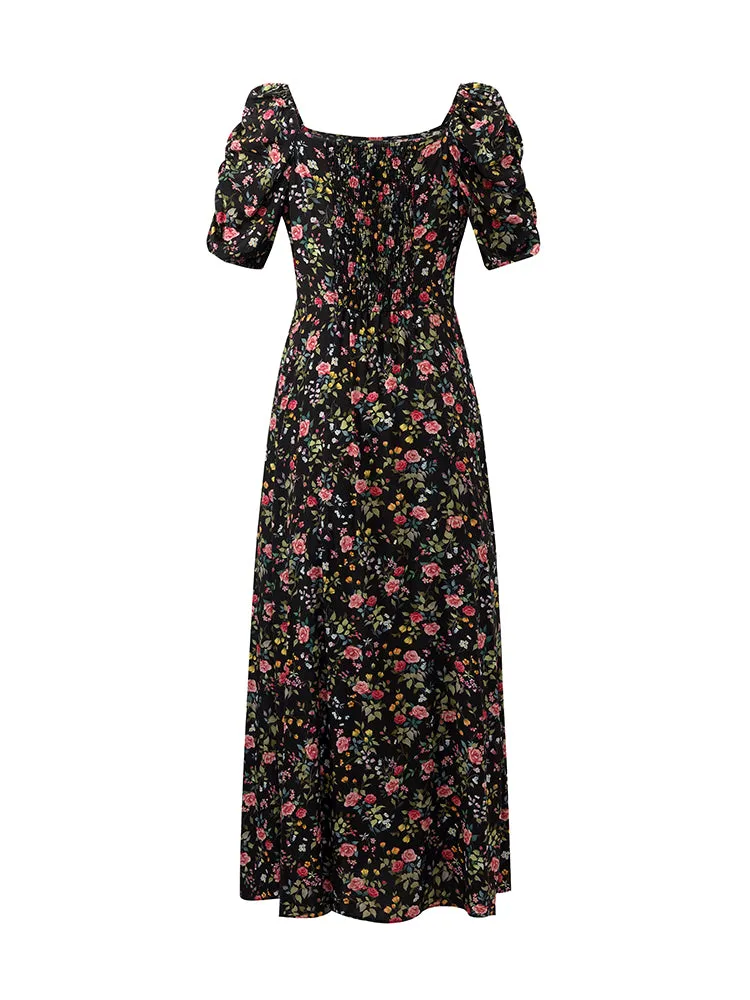 Mulberry Silk Rose Printed Women Maxi Dress