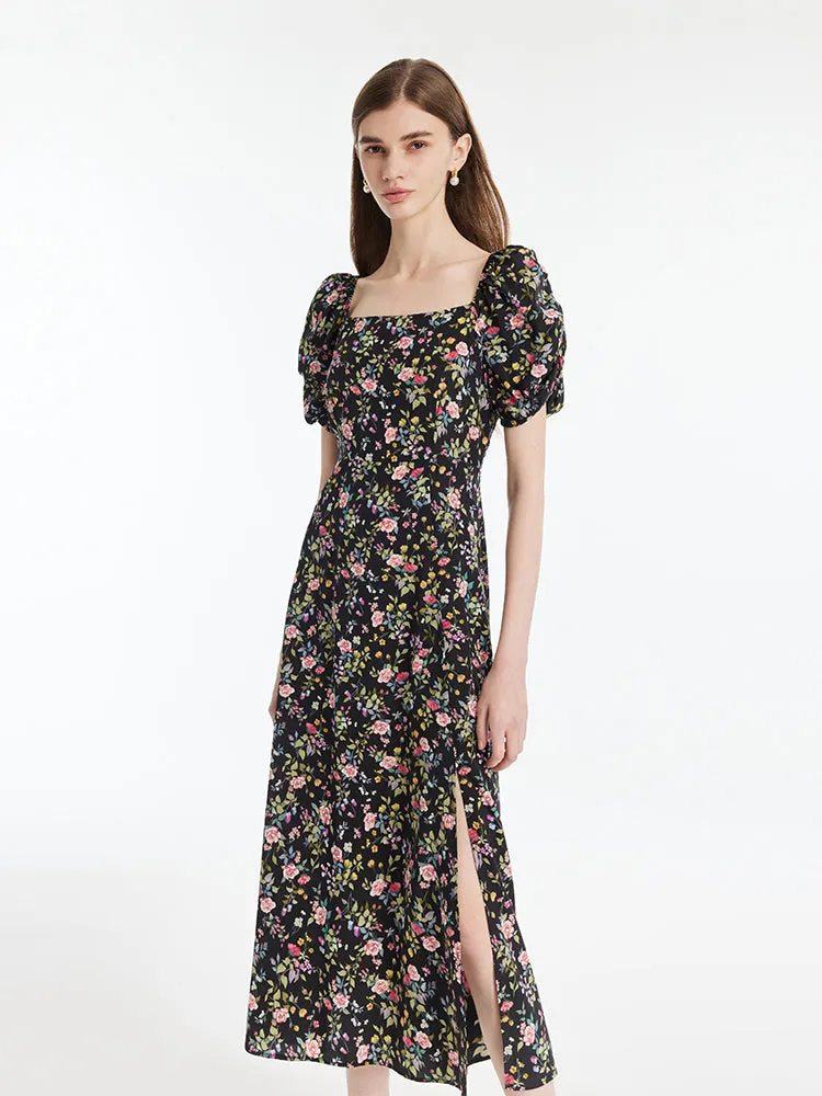 Mulberry Silk Rose Printed Women Maxi Dress