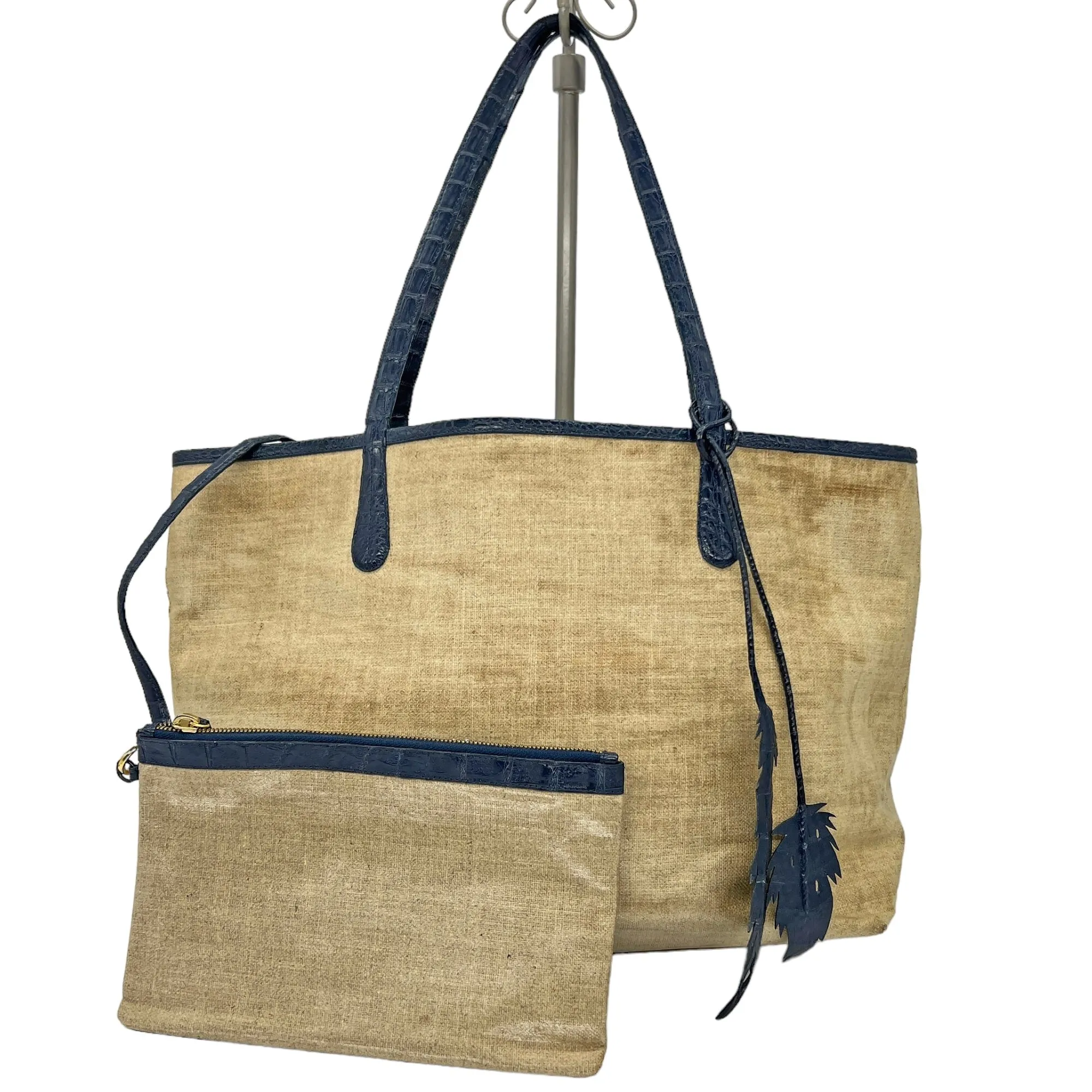 NANCY GONZALEZ Erica Coated Linen Tote - Beige & Navy