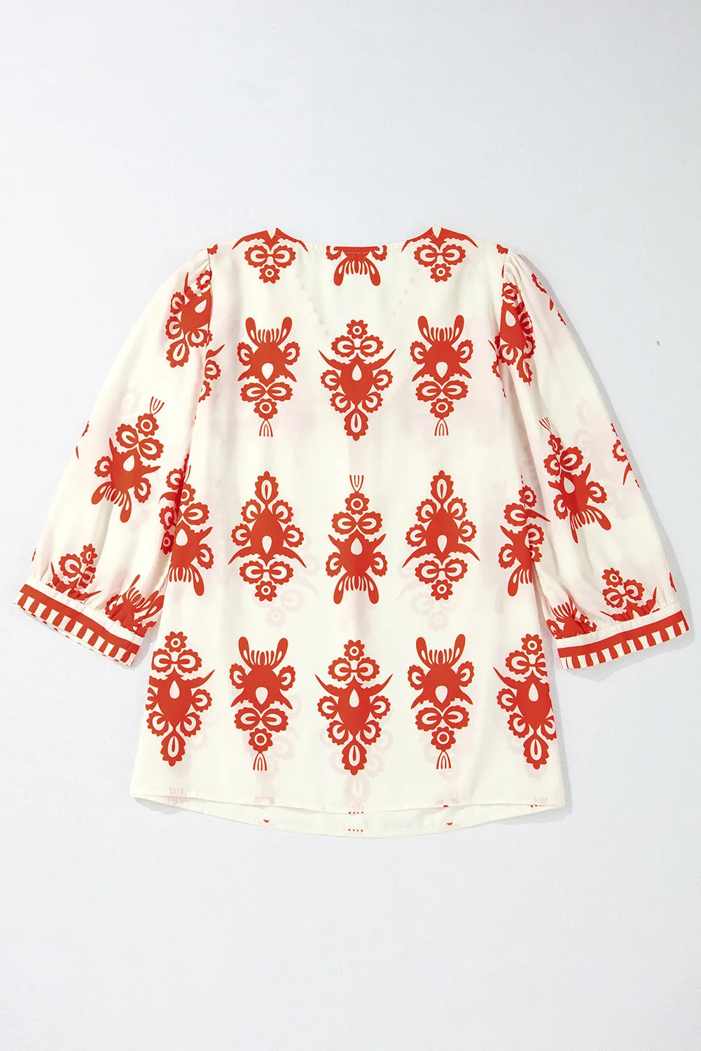 Orange Vintage Geometric Printed 3/4 Sleeve V Neck Blouse