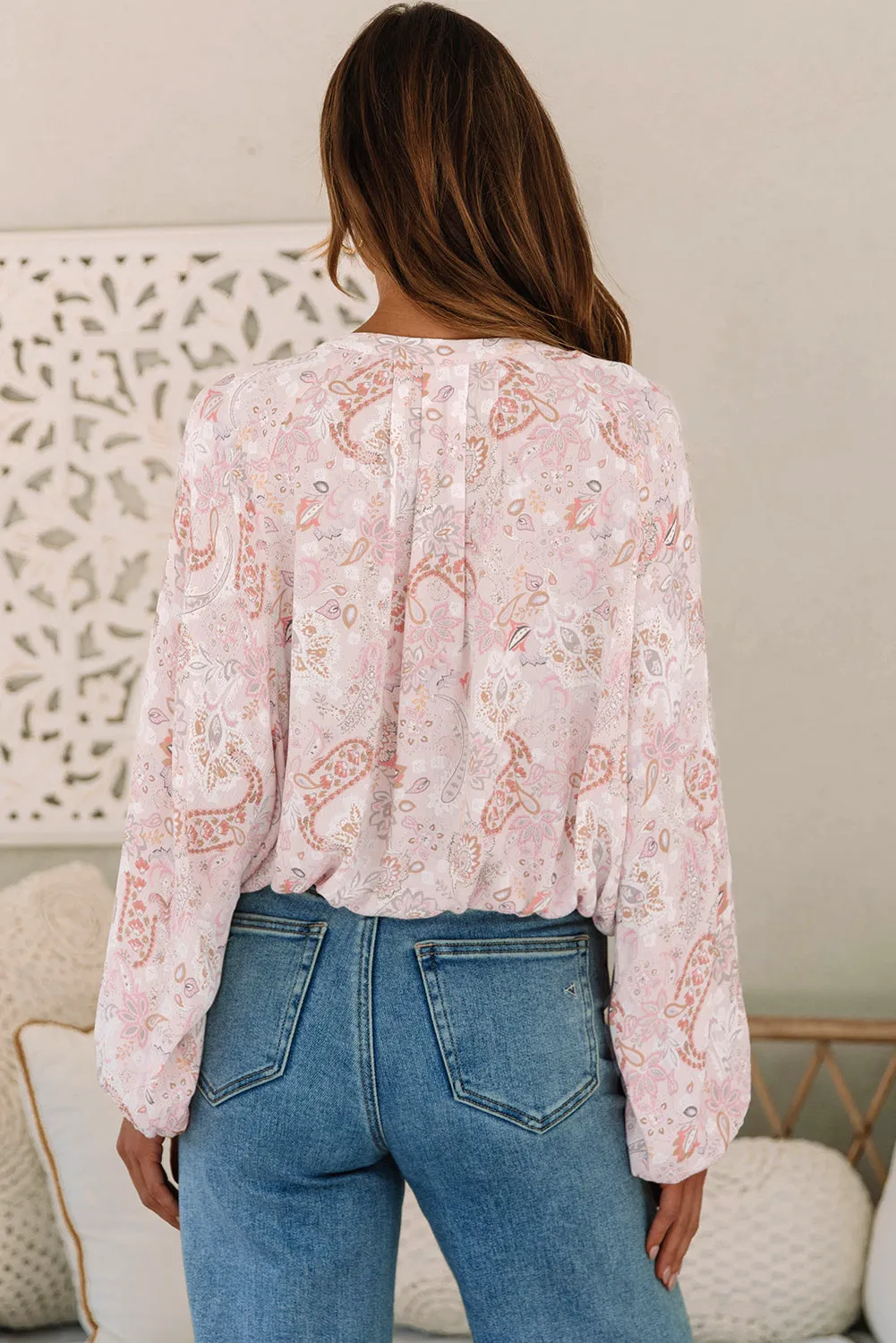 Paisley Print Buttons Bubble Sleeve Blouse