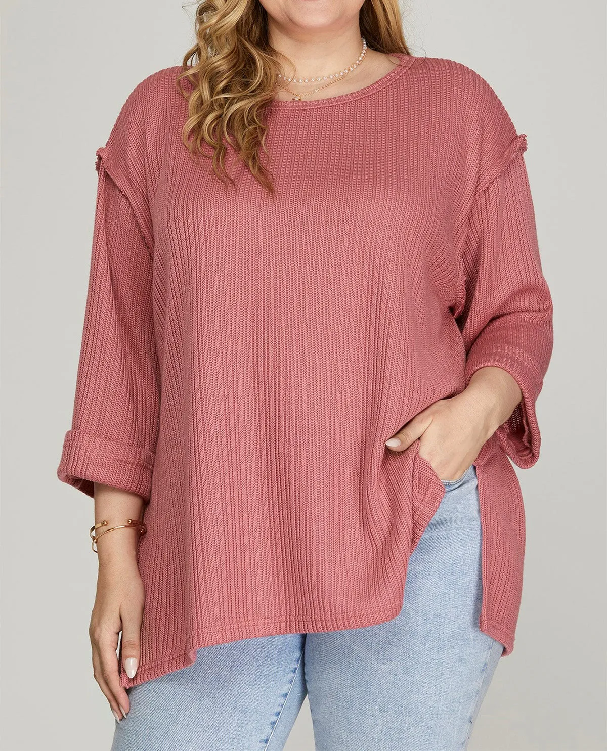 Plus 3/4 Folded Sleeve Knit Top