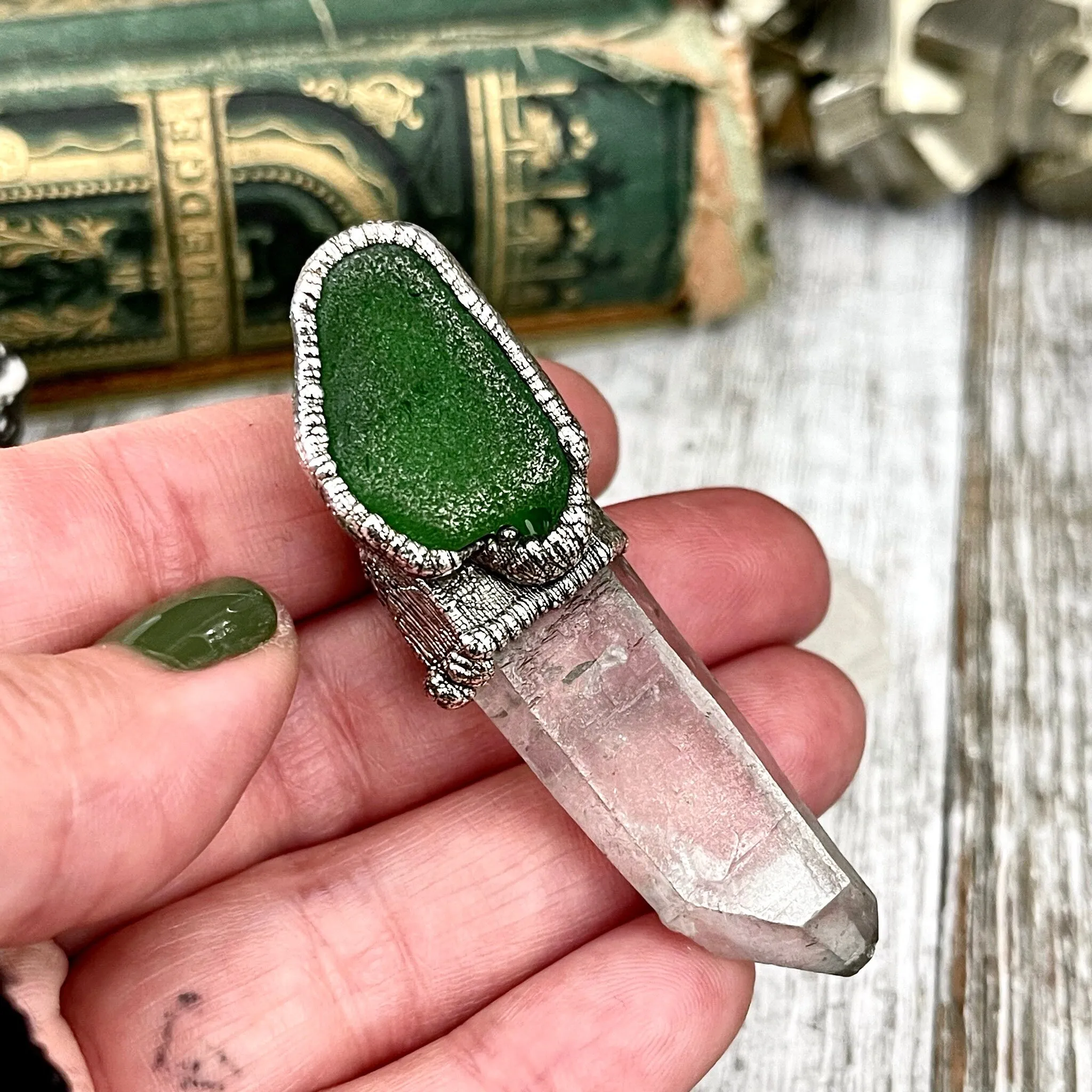 Raw Clear Quartz & Green Sea Glass Crystal Necklace in Fine Silver / Foxlark Collection - One of a Kind