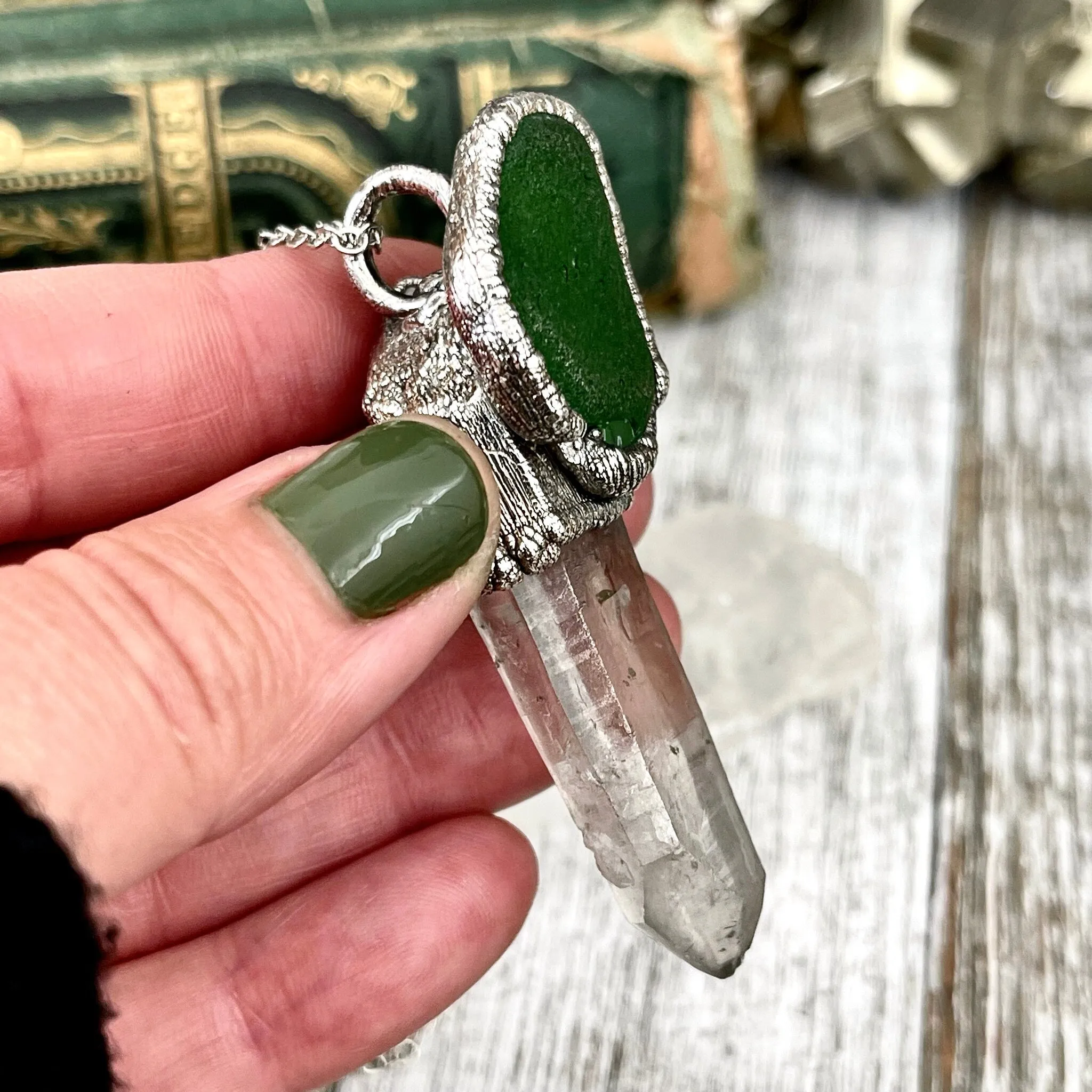 Raw Clear Quartz & Green Sea Glass Crystal Necklace in Fine Silver / Foxlark Collection - One of a Kind