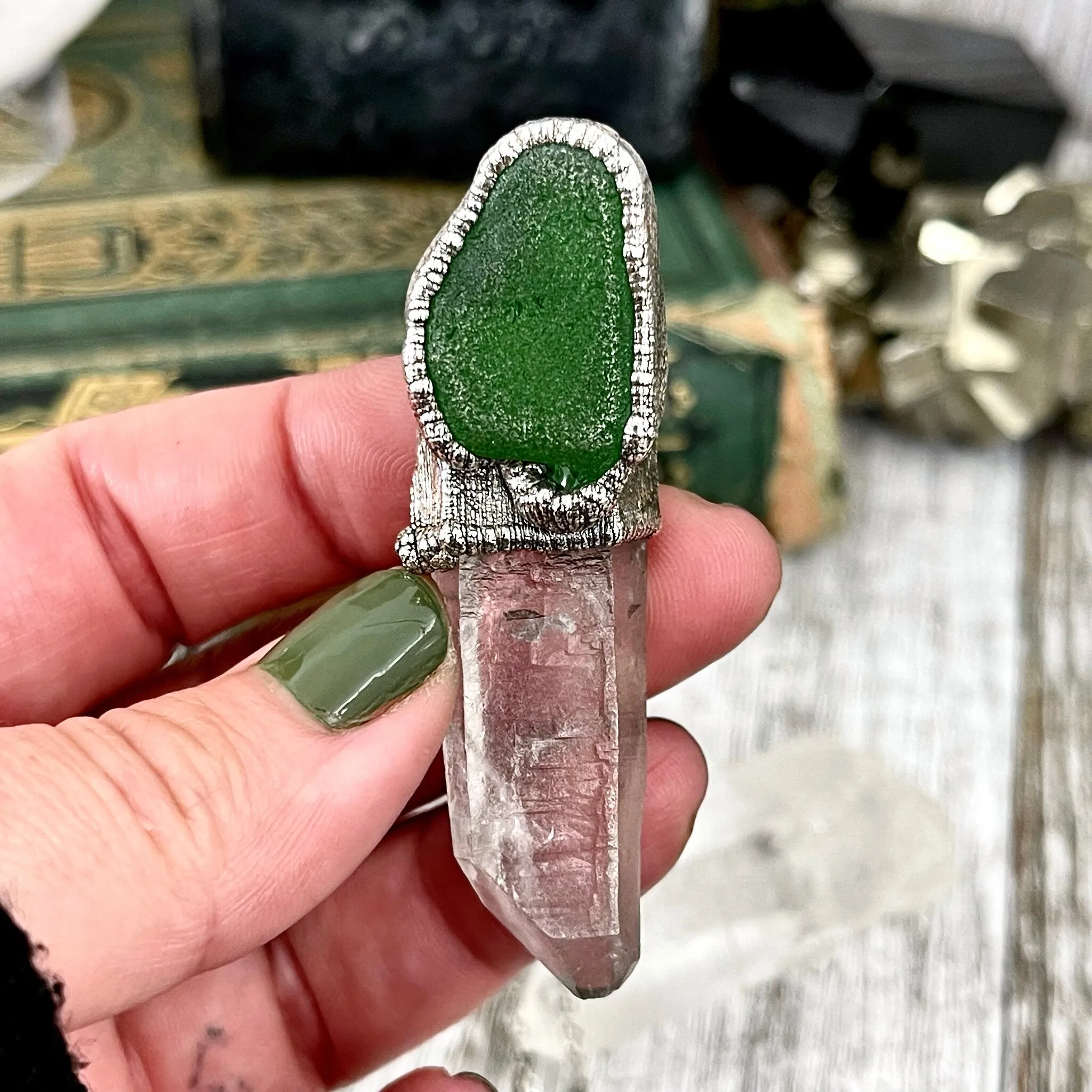 Raw Clear Quartz & Green Sea Glass Crystal Necklace in Fine Silver / Foxlark Collection - One of a Kind