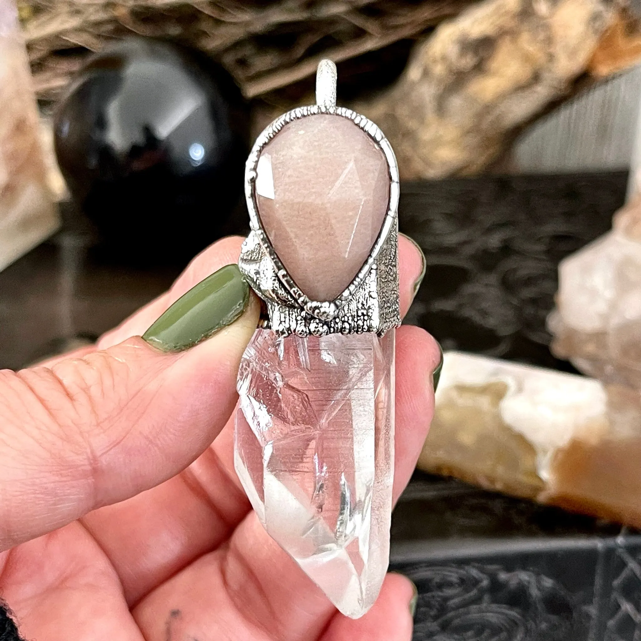 Raw Clear Quartz & Peach Moonstone Crystal Necklace in Fine Silver / Foxlark Collection - One of a Kind