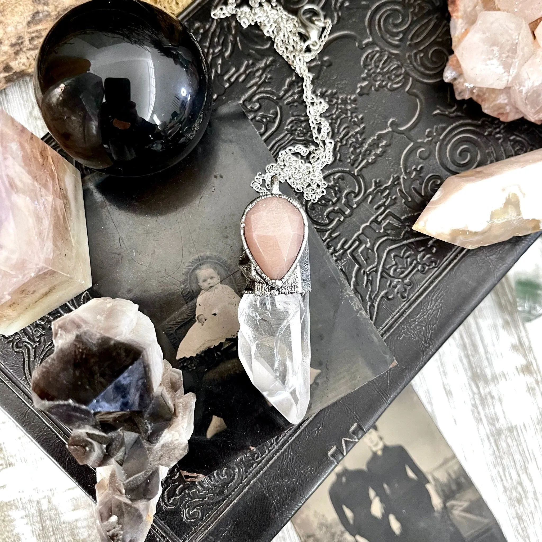 Raw Clear Quartz & Peach Moonstone Crystal Necklace in Fine Silver / Foxlark Collection - One of a Kind