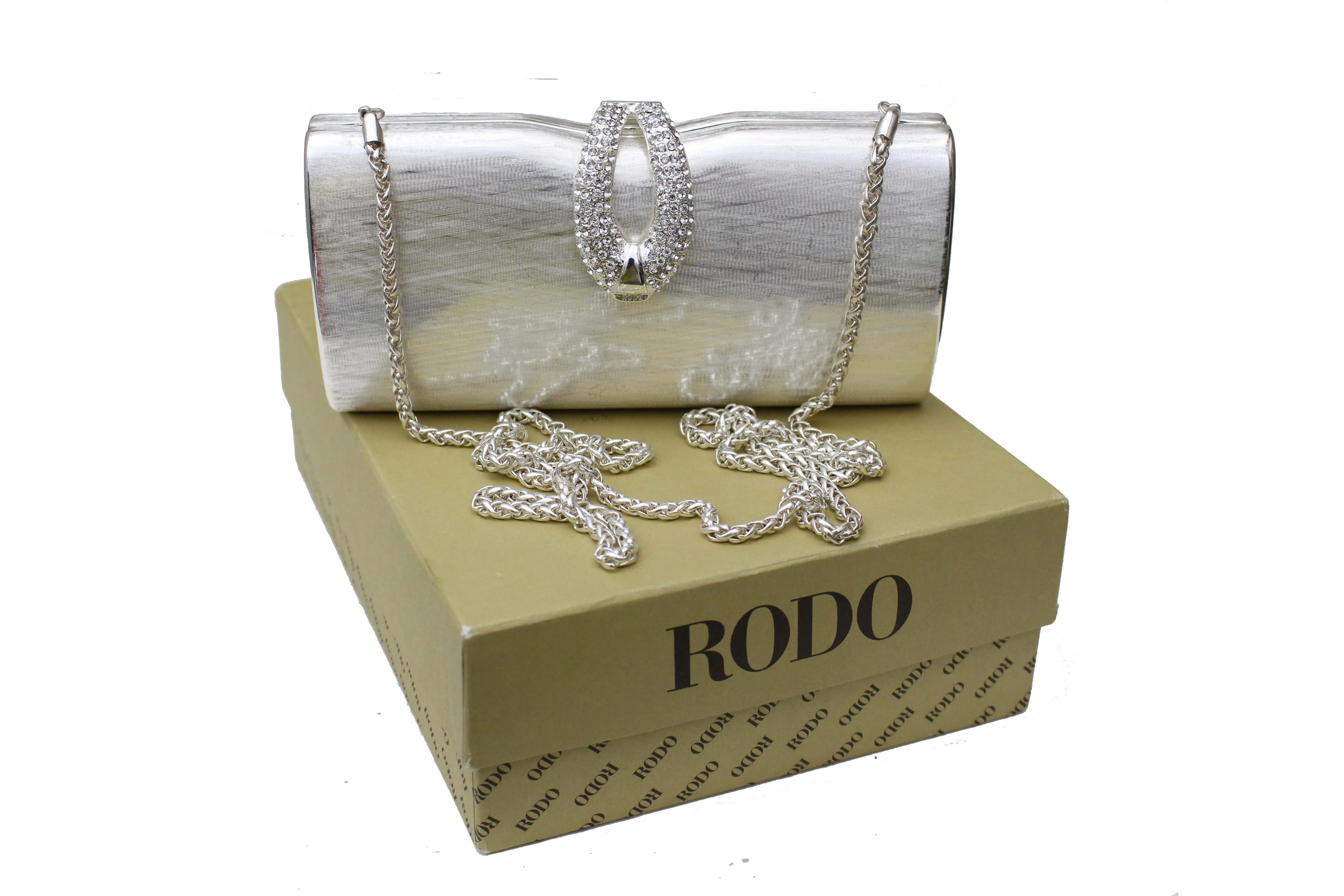 RODO silver clutch purse with rhinestone clasp