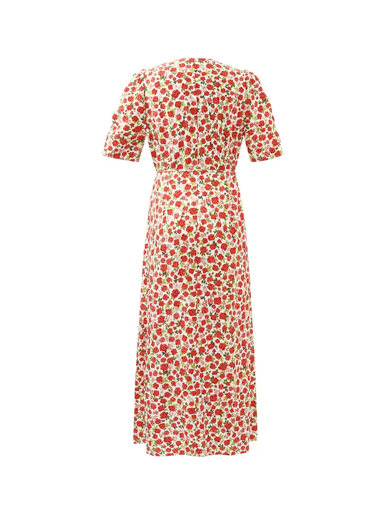 Rose Printed V-Neck Tied Women Midi Dress