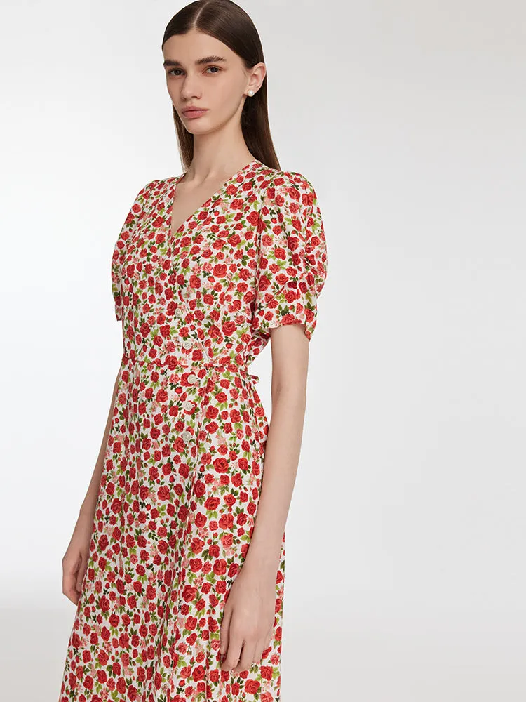 Rose Printed V-Neck Tied Women Midi Dress