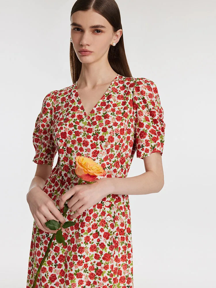 Rose Printed V-Neck Tied Women Midi Dress