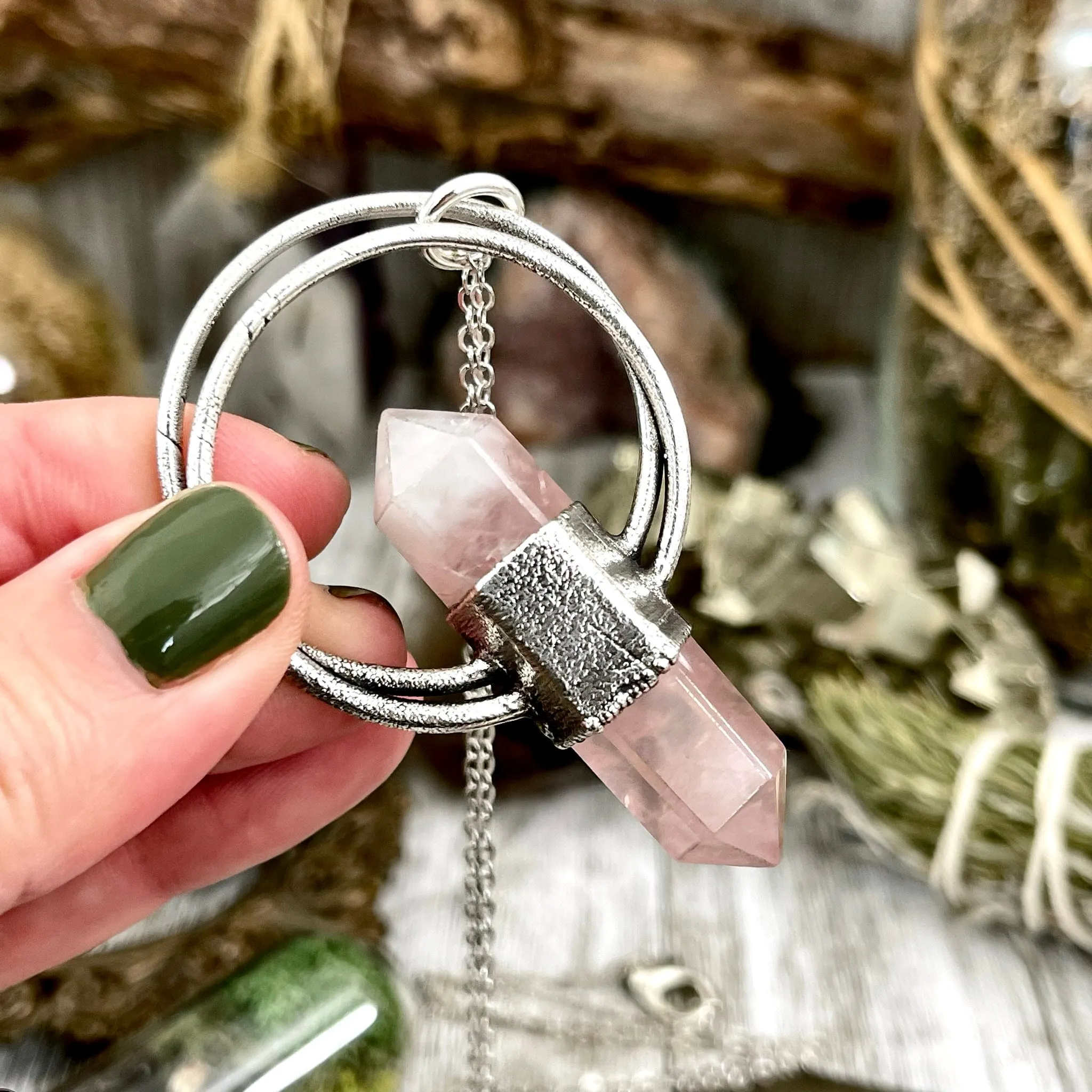 Rose Quartz Crystal Necklace in Silver / Foxlark Collection - One of a Kind