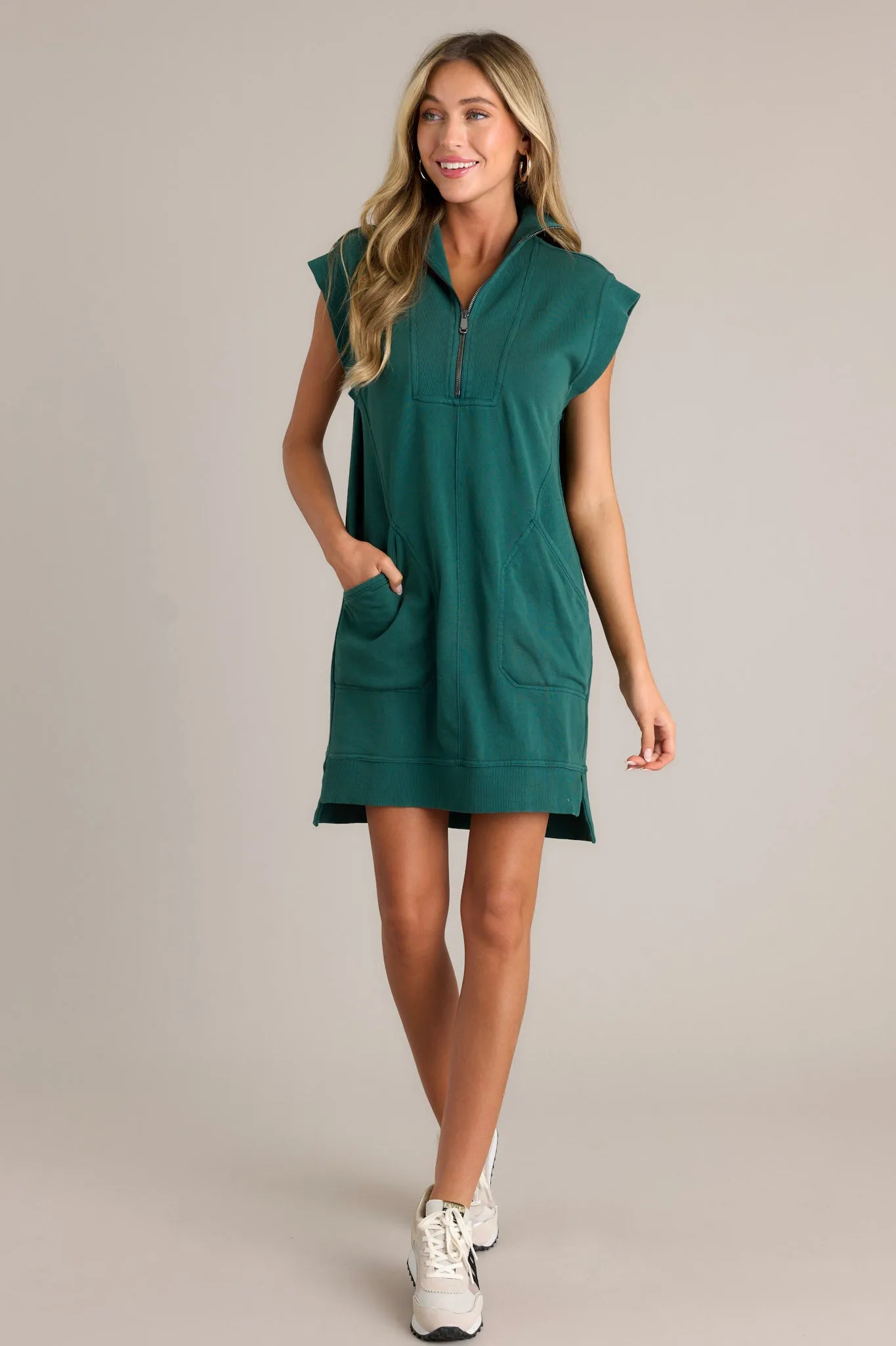 Shadowed Splendor 100% Cotton Hunter Green Zip Front Mini Dress