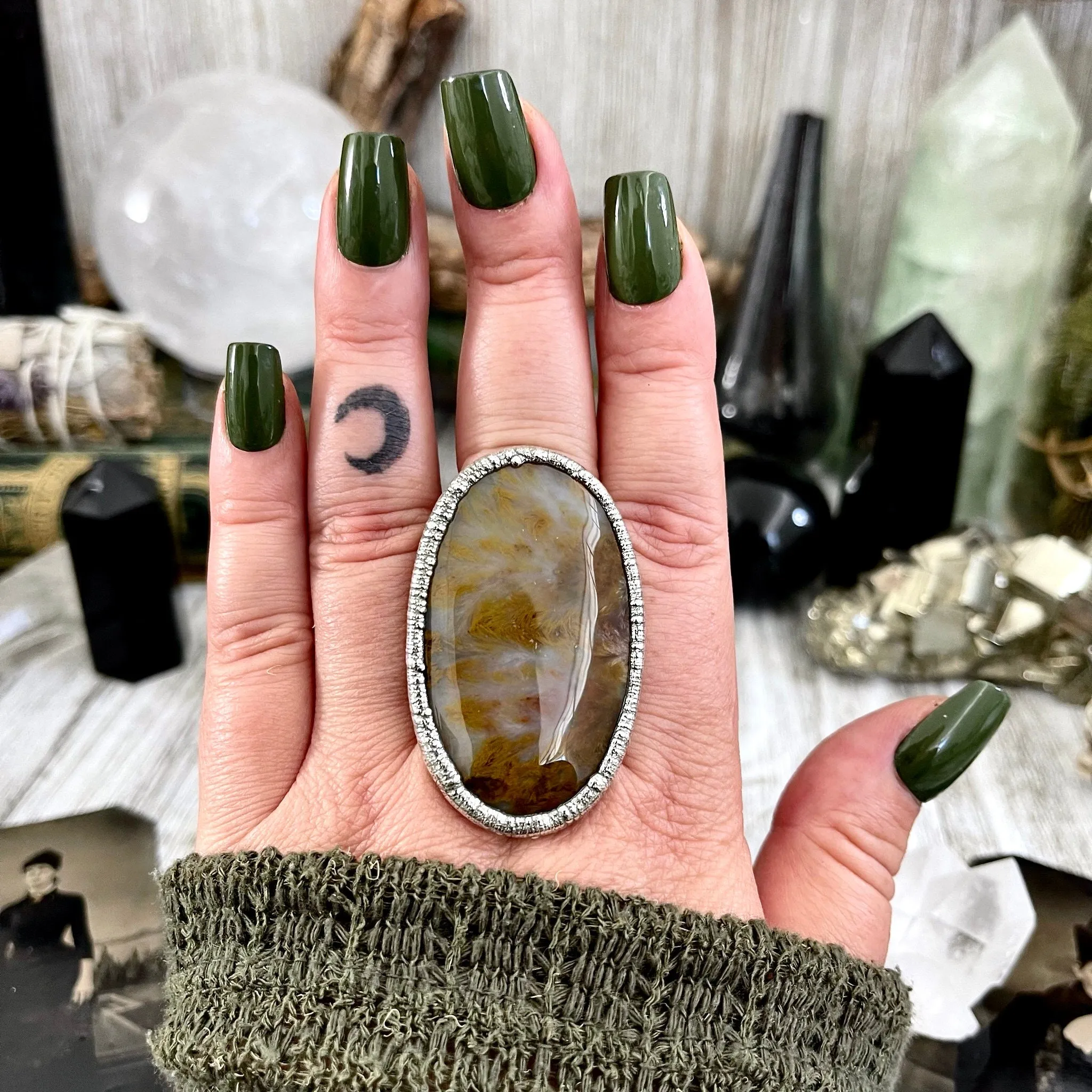 Size 10 Silver Natural Fancy Moss Agate Crystal Statement Ring / Foxlark Collection - One of a Kind