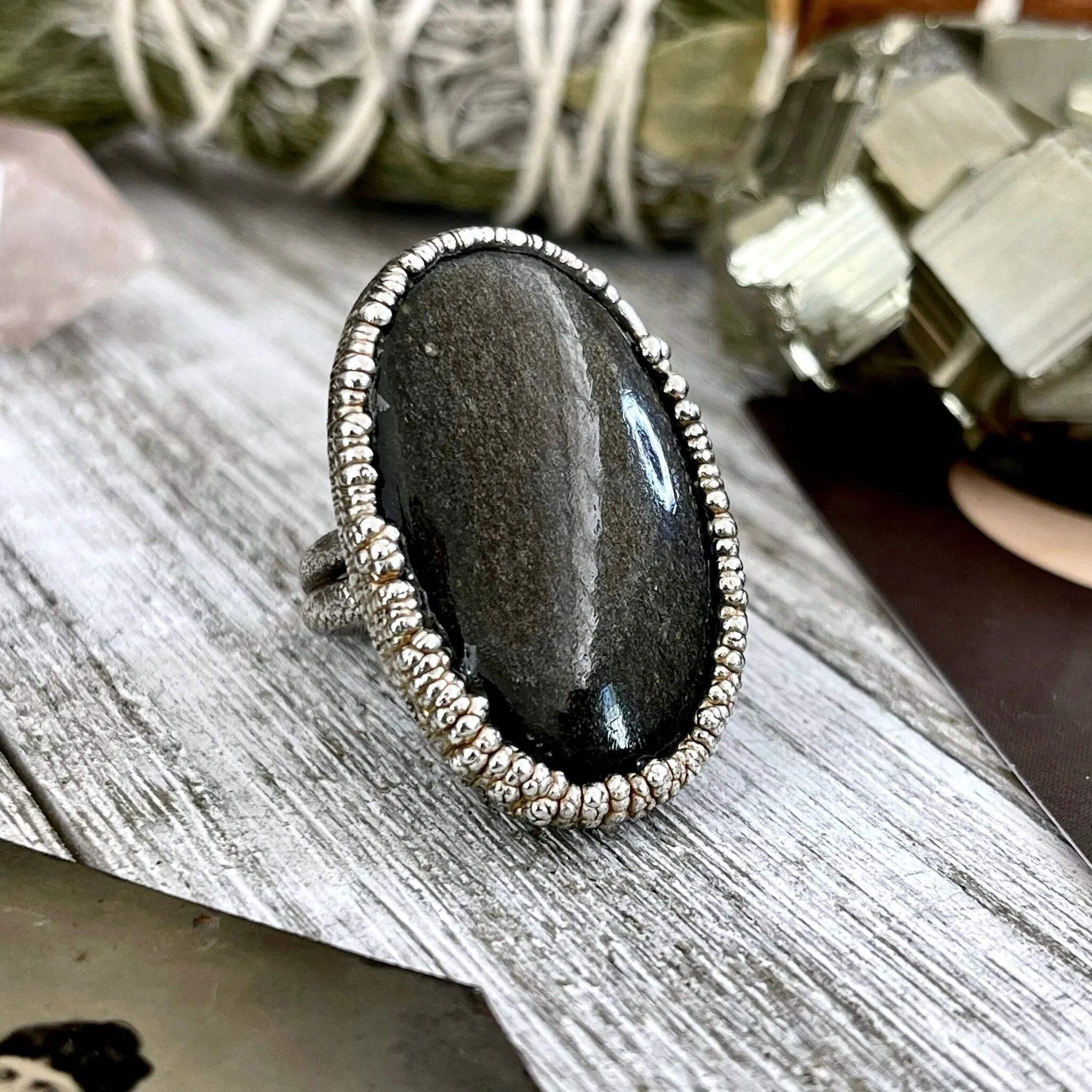 Size 7 Silver Sheen Obsidian Statement Ring in fine Silver / Foxlark Collection - One of a Kind