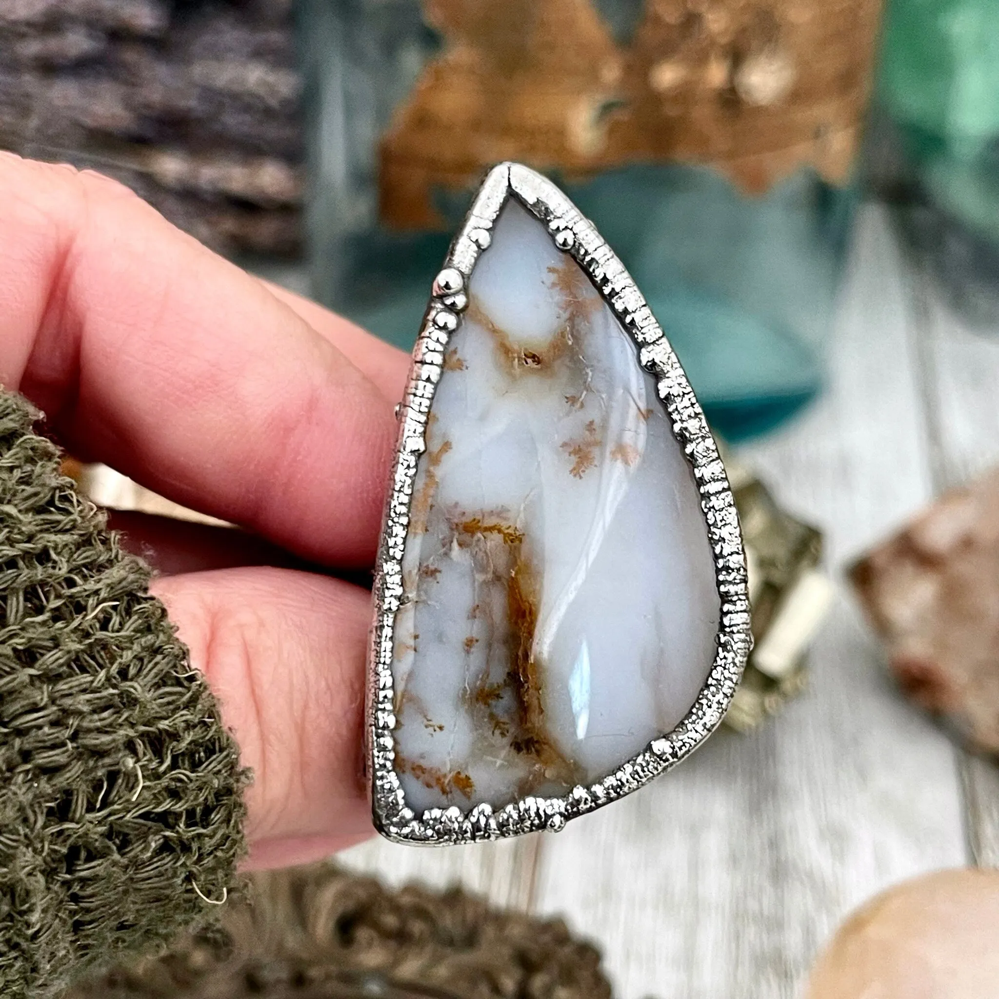 Size 8 Silver Montana Moss Agate Statement Ring /  Large Crystal Bohemian Dendritic Agate Ring