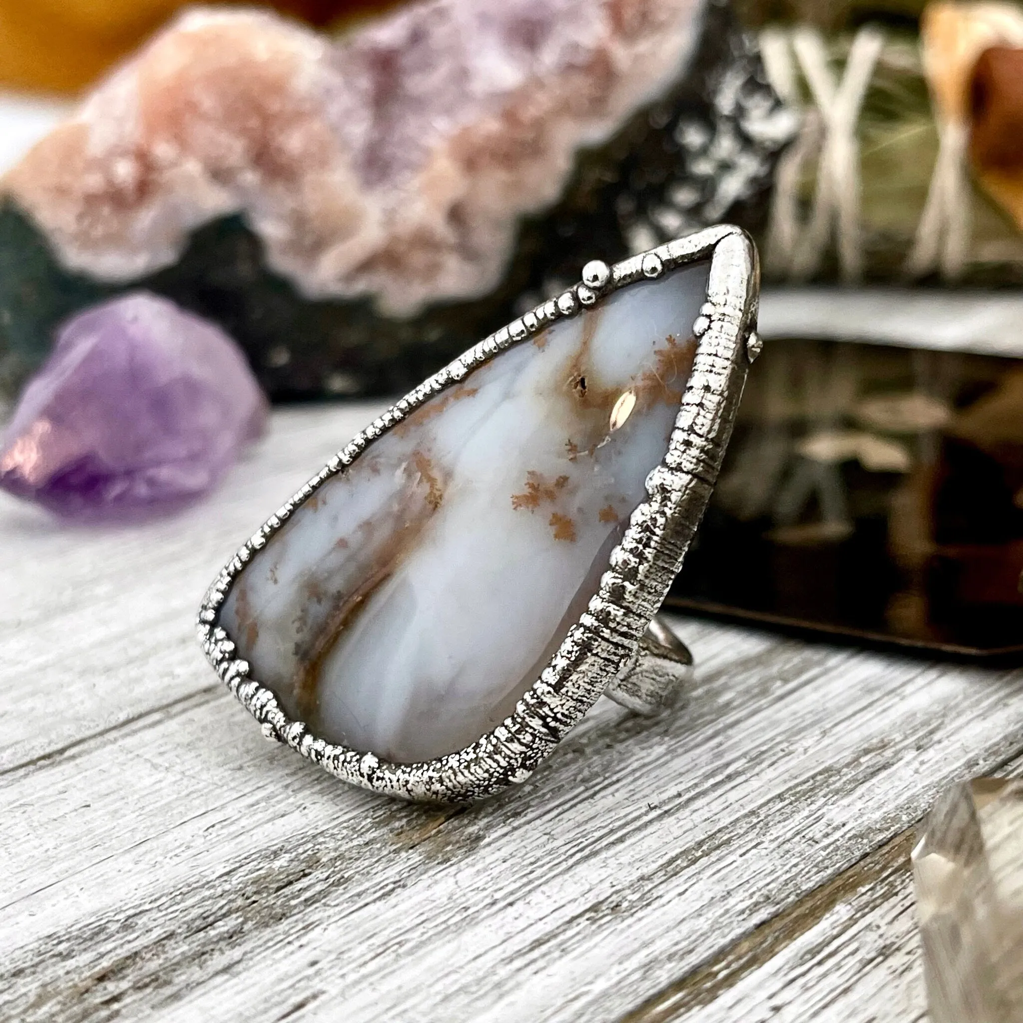 Size 8 Silver Montana Moss Agate Statement Ring /  Large Crystal Bohemian Dendritic Agate Ring