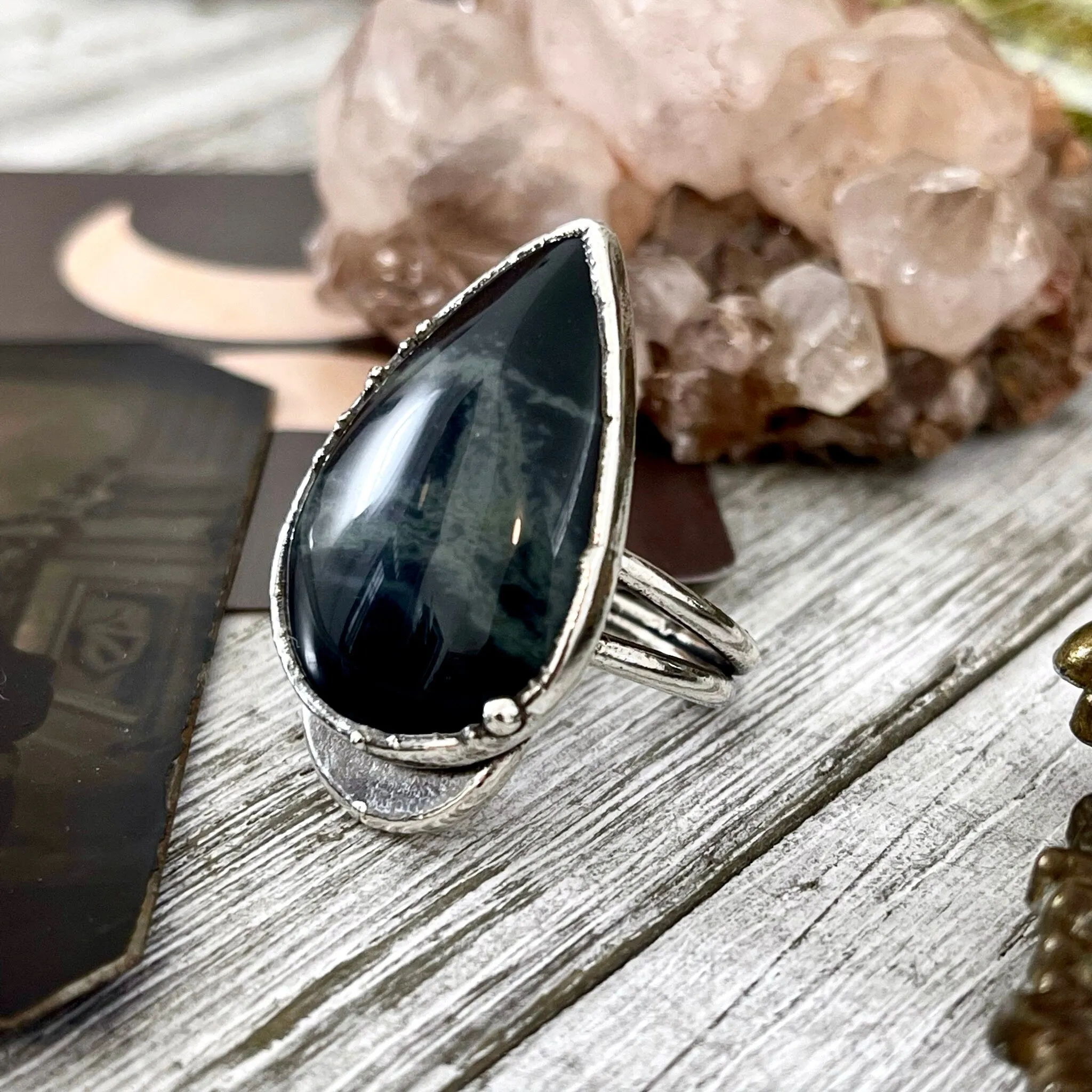 Size 8 Silver Spiderweb Obsidian Ring Large Crystal Ring / Foxlark Collection - One of a Kind