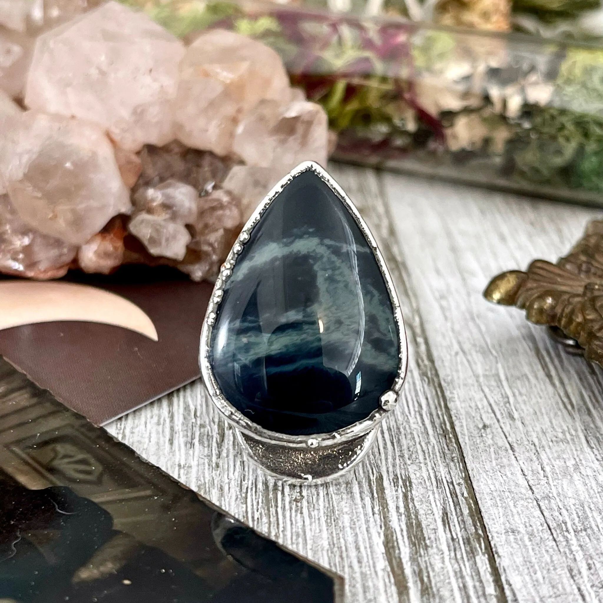 Size 8 Silver Spiderweb Obsidian Ring Large Crystal Ring / Foxlark Collection - One of a Kind