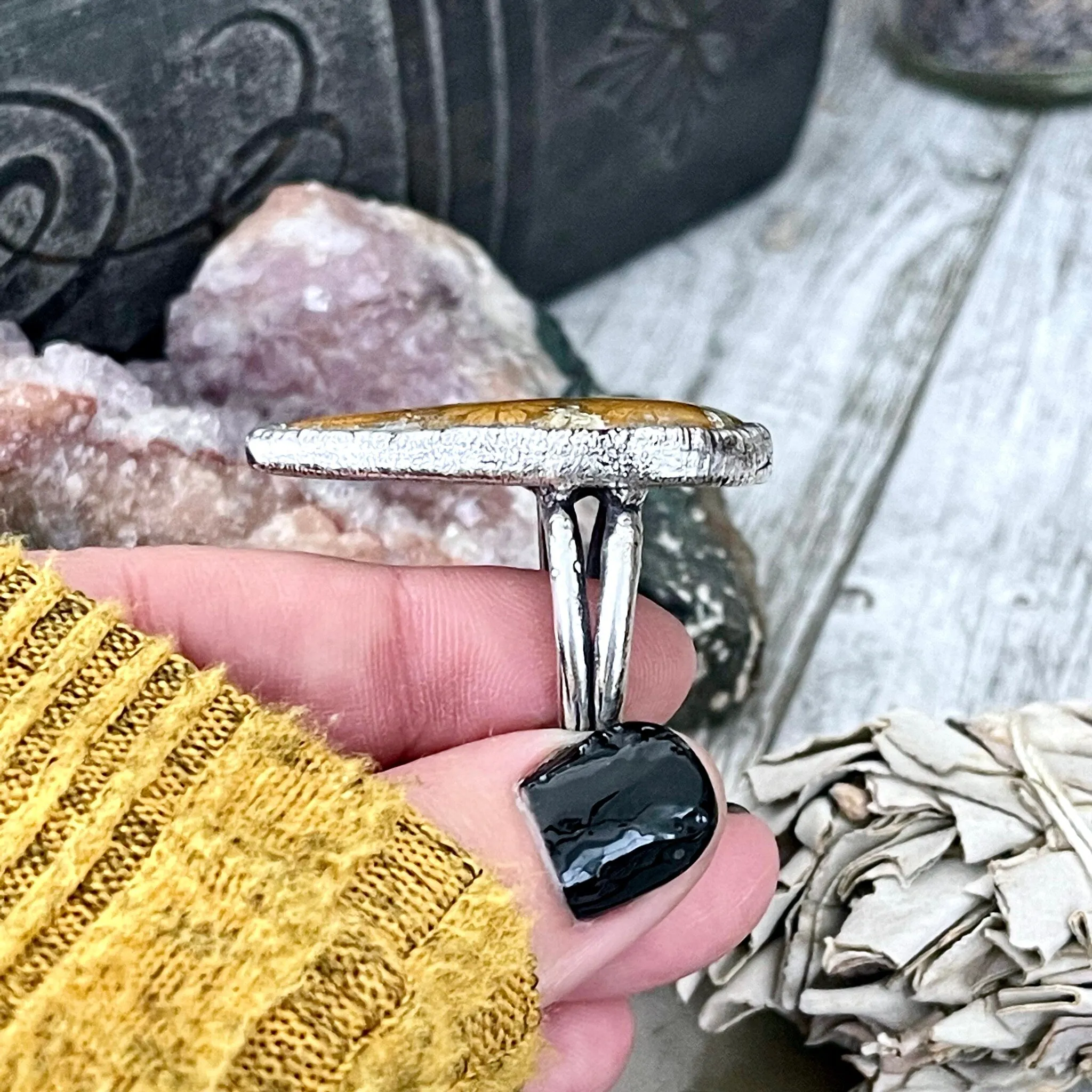 Size 8.5 Big Fossilized Coral Silver Statement Ring in Fine Silver / Foxlark Collection - One of a Kind