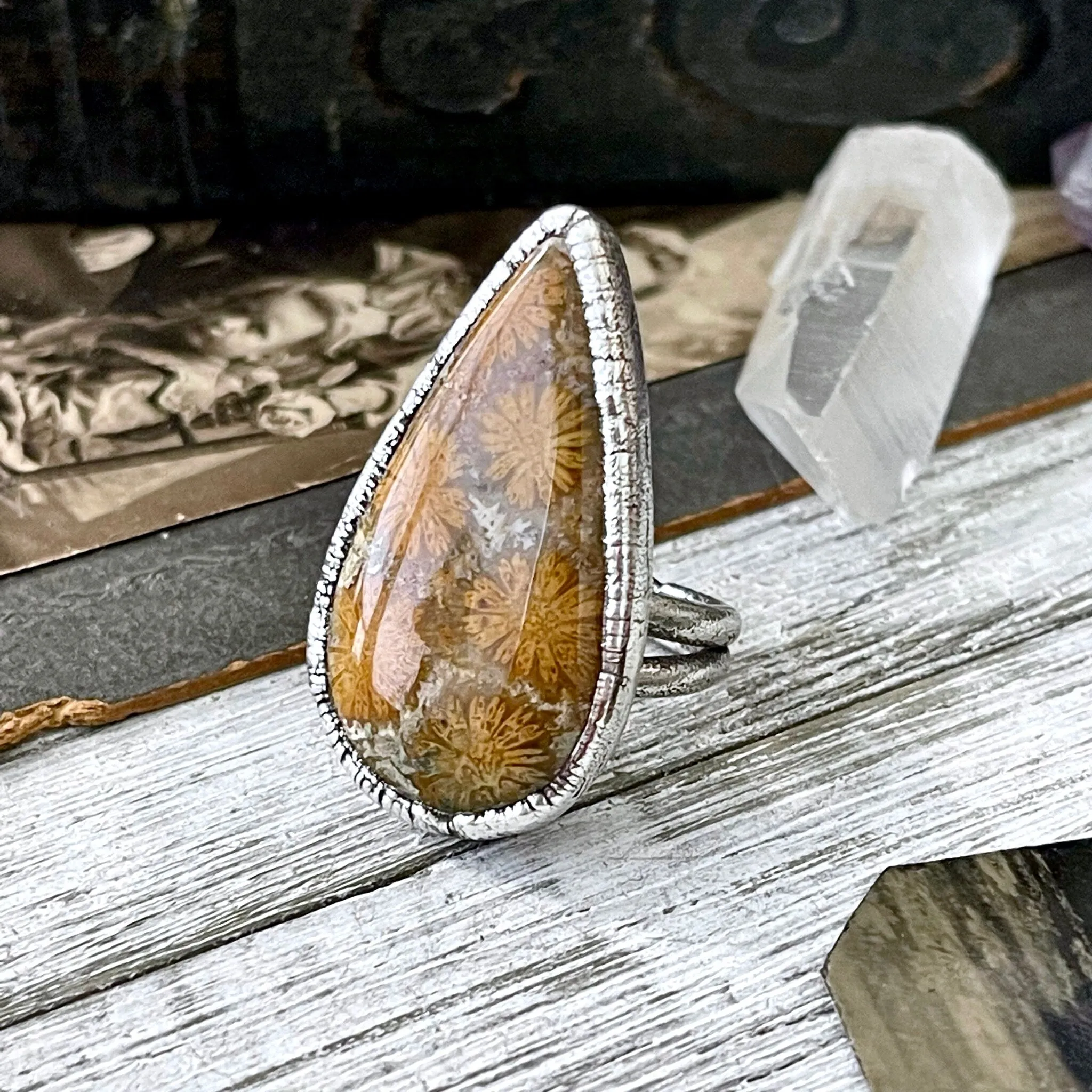 Size 8.5 Big Fossilized Coral Silver Statement Ring in Fine Silver / Foxlark Collection - One of a Kind