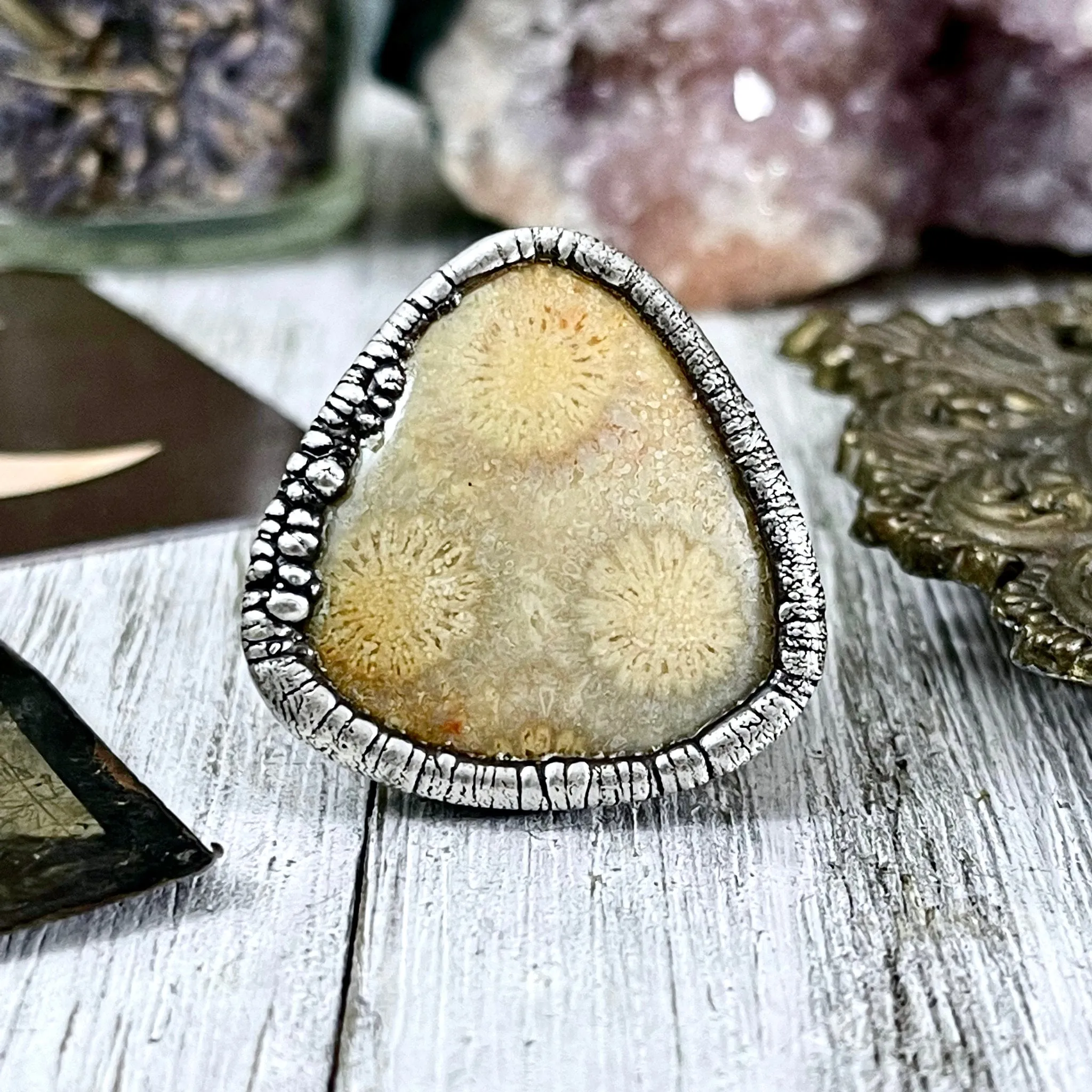 Size 9.5 Fossilized Coral Silver Statement Ring / Foxlark Collection - One of a Kind