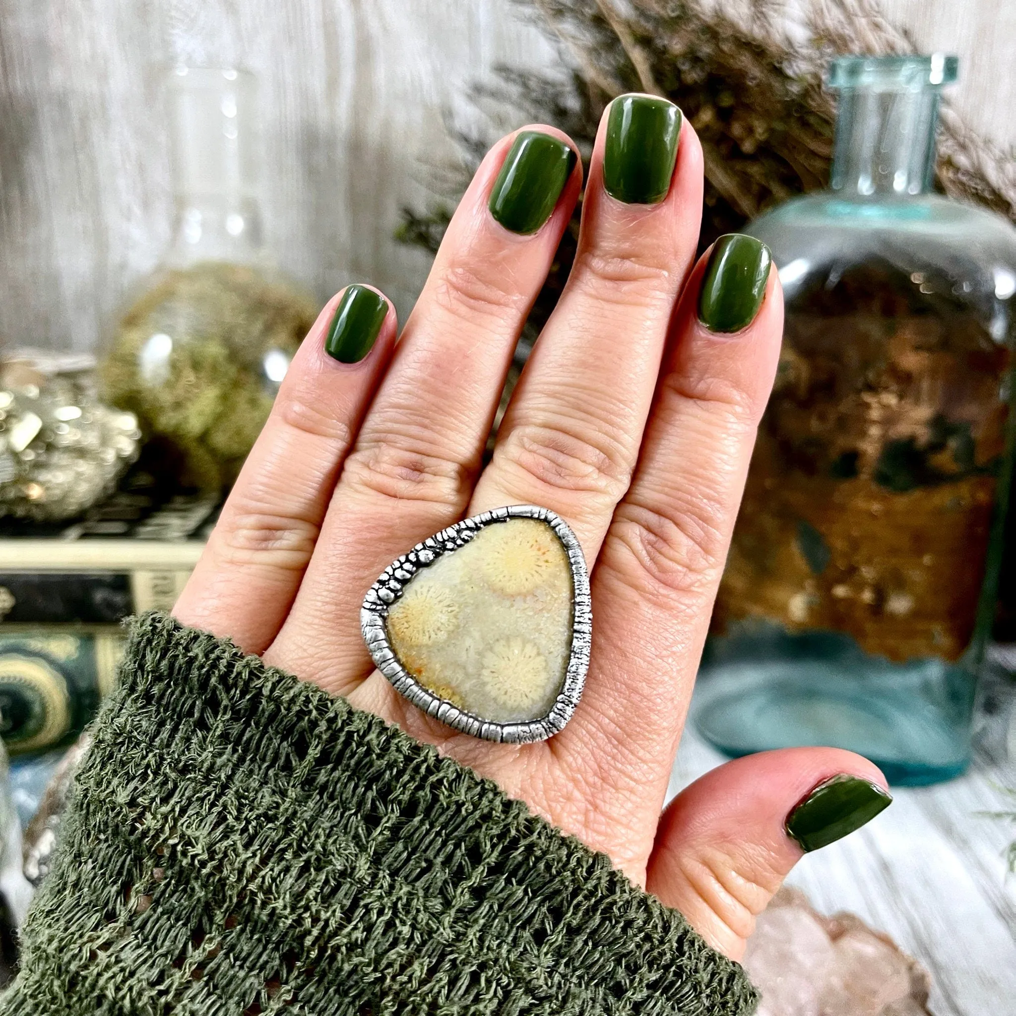 Size 9.5 Fossilized Coral Silver Statement Ring / Foxlark Collection - One of a Kind