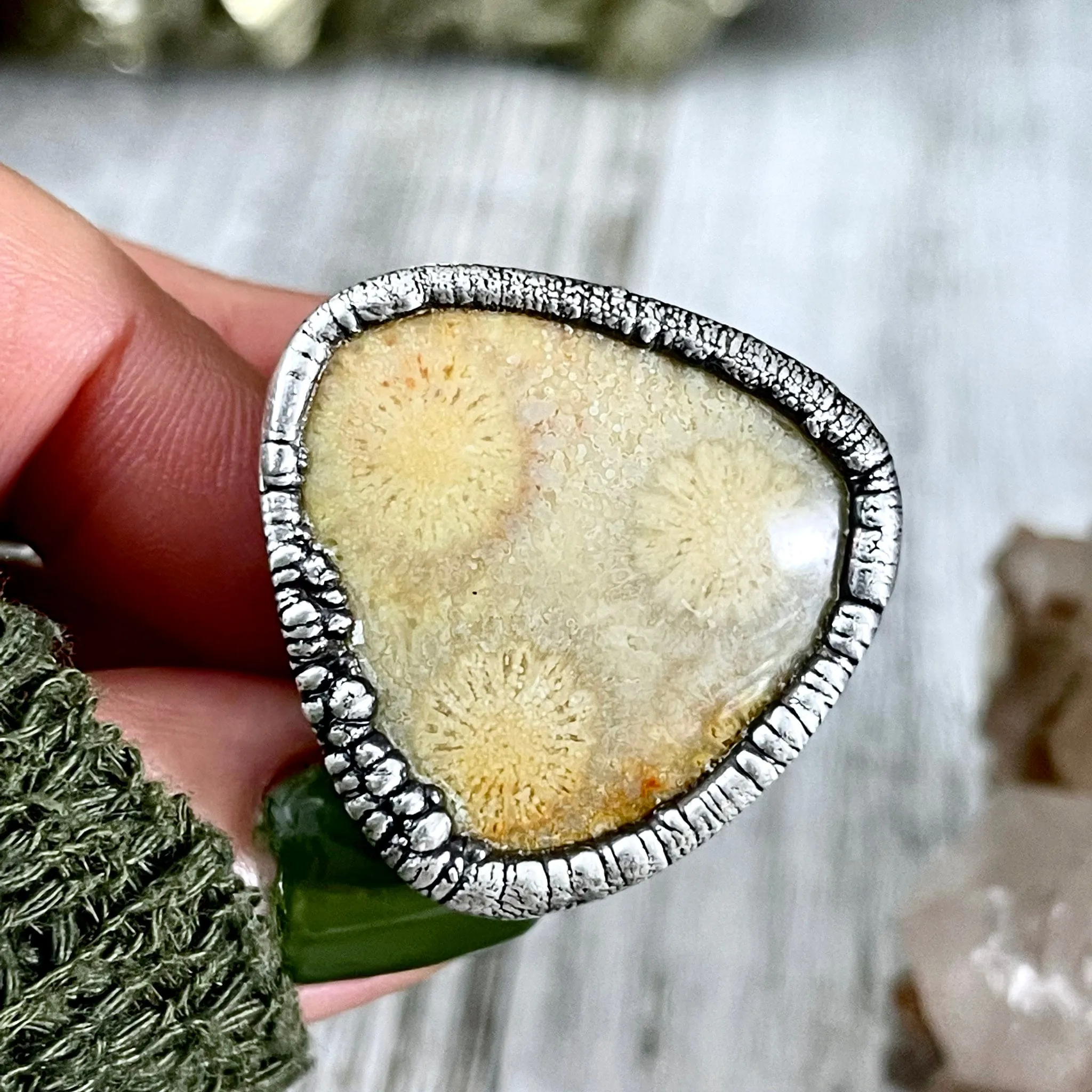 Size 9.5 Fossilized Coral Silver Statement Ring / Foxlark Collection - One of a Kind