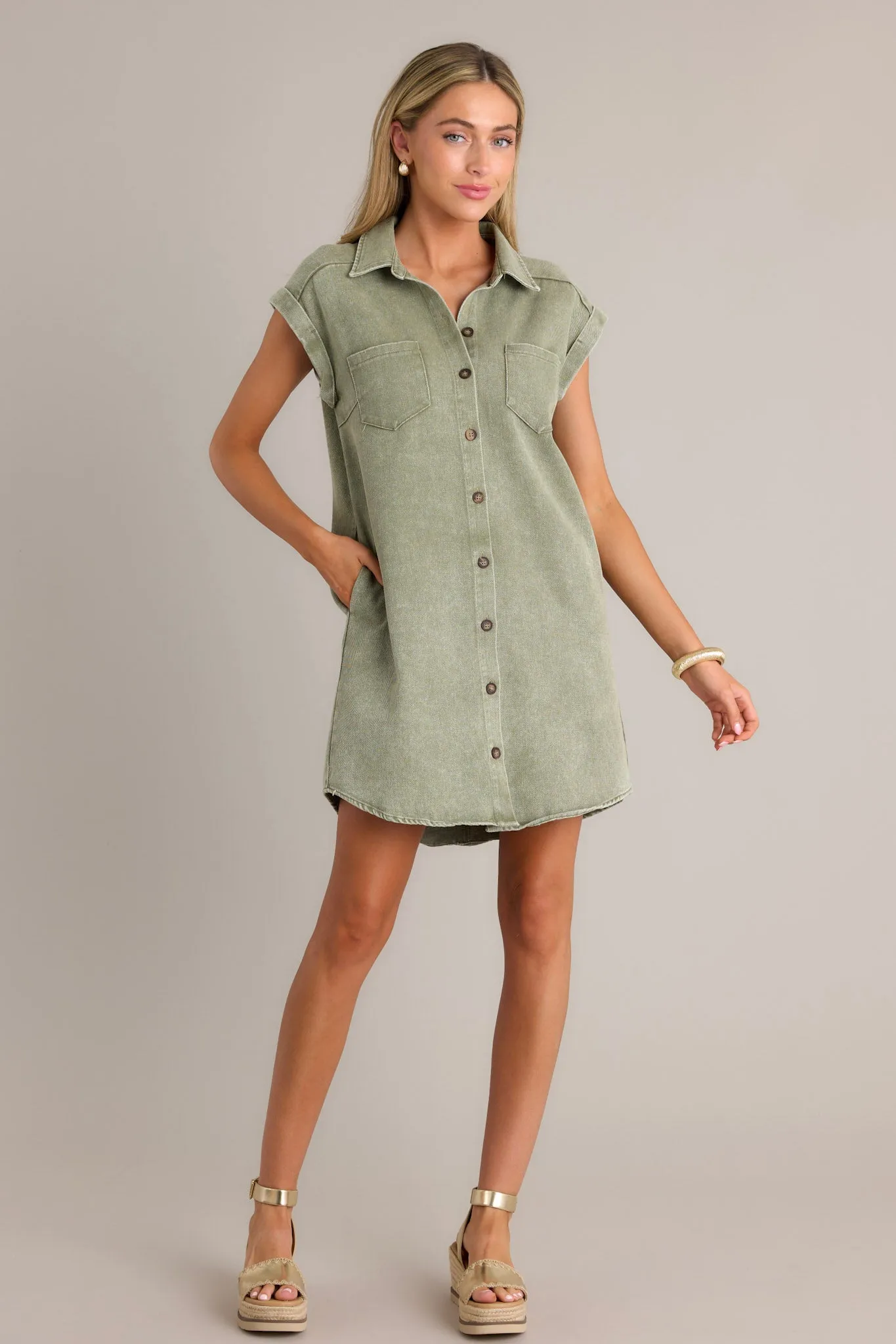 Stop & Stare Olive Green Denim Button Front Mini Dress