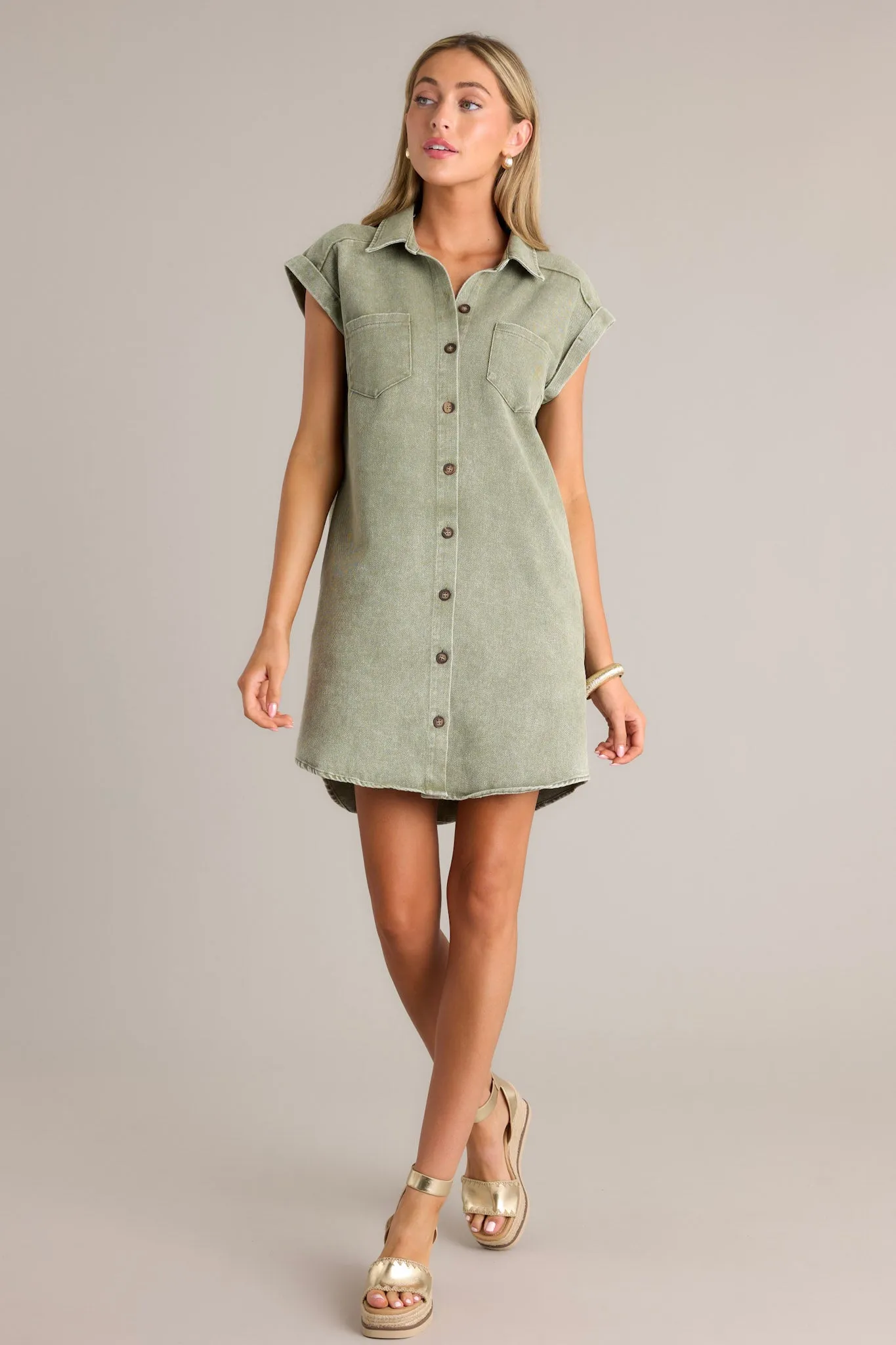 Stop & Stare Olive Green Denim Button Front Mini Dress