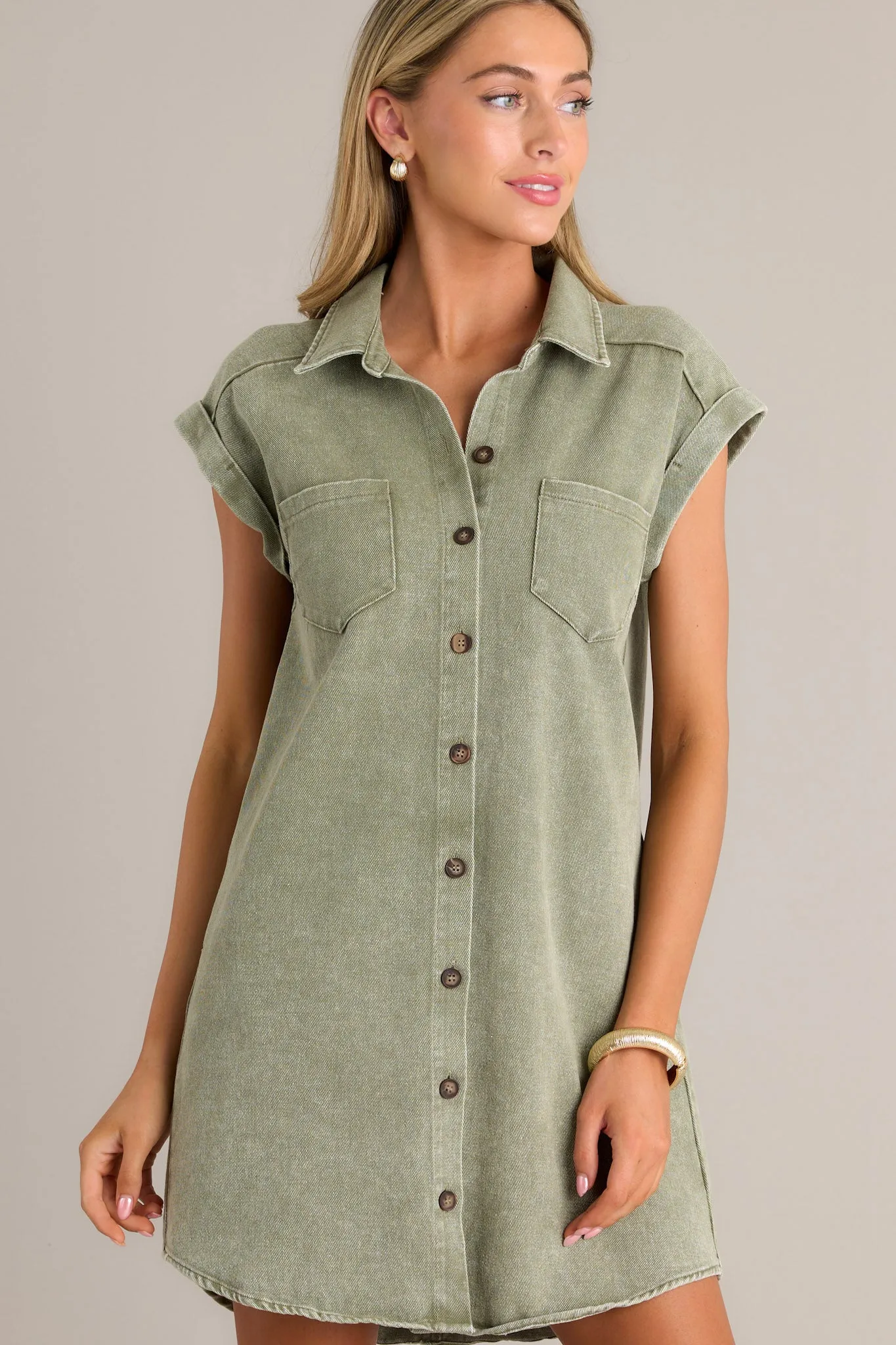 Stop & Stare Olive Green Denim Button Front Mini Dress