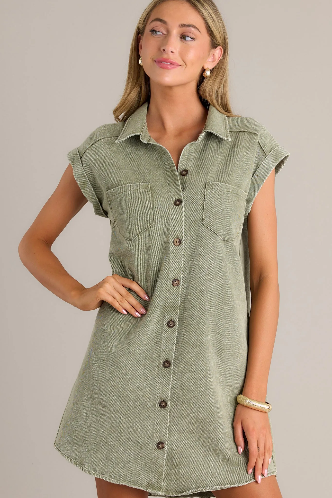 Stop & Stare Olive Green Denim Button Front Mini Dress