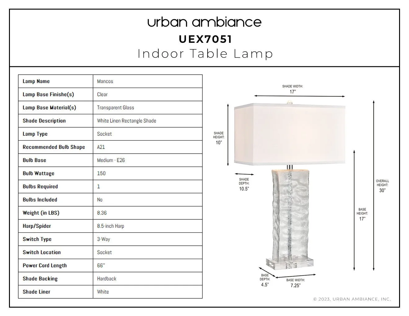 UEX7051 Contemporary Table Lamp 17''W x 10.5''D x 30''H, Clear Finish, Mancos Collection