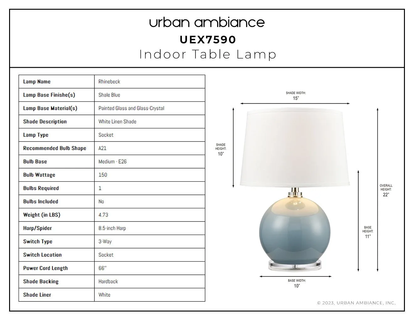 UEX7590 Coastal Table Lamp 15''W x 15''D x 22''H, Shale Blue Finish, Rhinebeck Collection