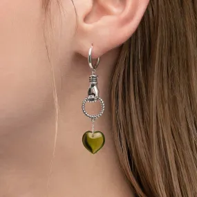 UNITE. Hand Grasping Green Glass Heart Earrings - Silver