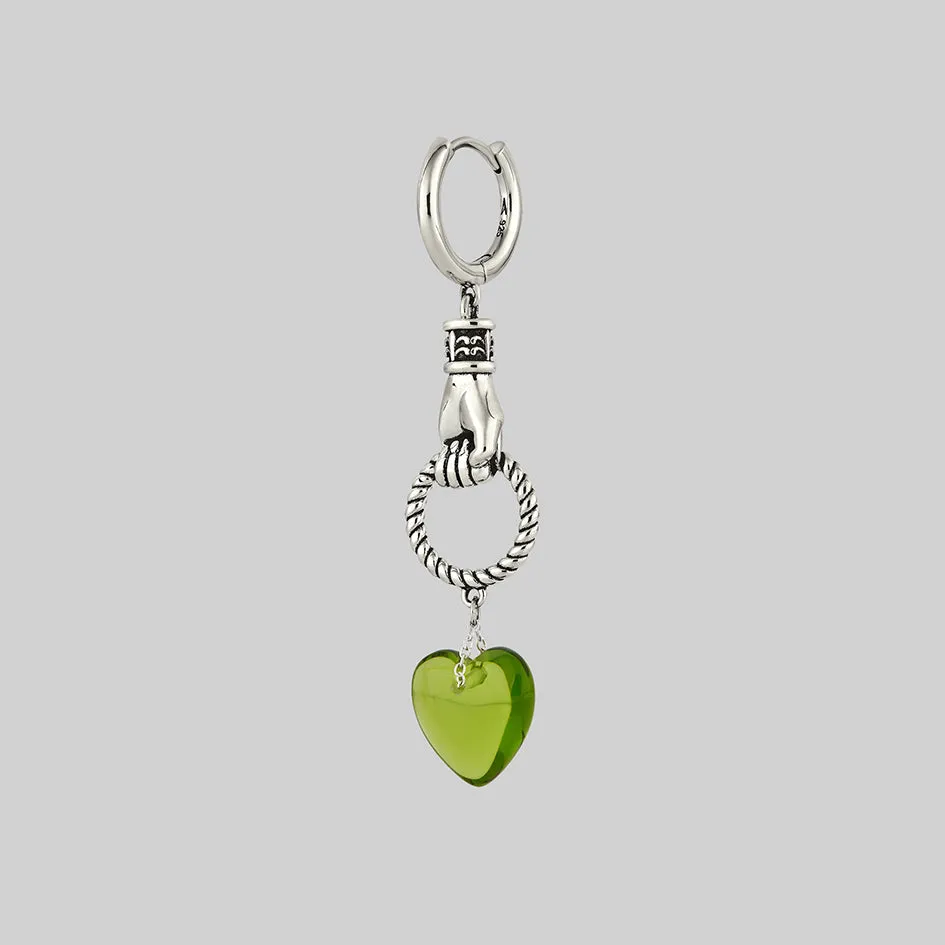 UNITE. Hand Grasping Green Glass Heart Earrings - Silver