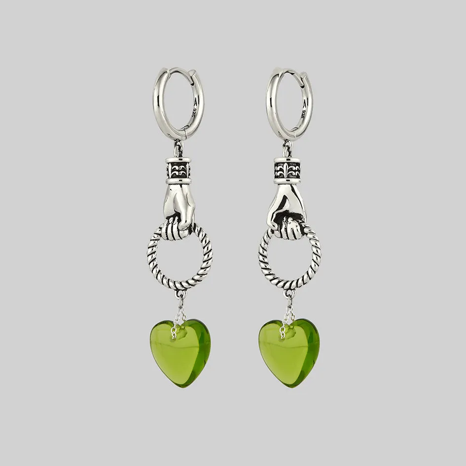 UNITE. Hand Grasping Green Glass Heart Earrings - Silver